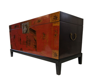 45" Antique Lucky Chinese Red Trunk Hand Painted Lacquer On Solid Pine