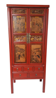 Chinese Antique Red Lacquered Carved Cabinet