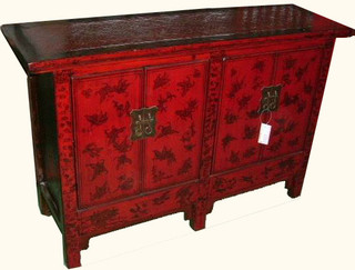 Rattan top rustic red hand painted Butterfly   cabinet
