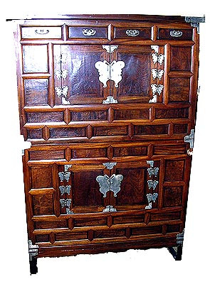 41 by 18 by 59.5 inch high Korean antique elmwood 2 pc. chest on chest. 4 drawers, 2 doors