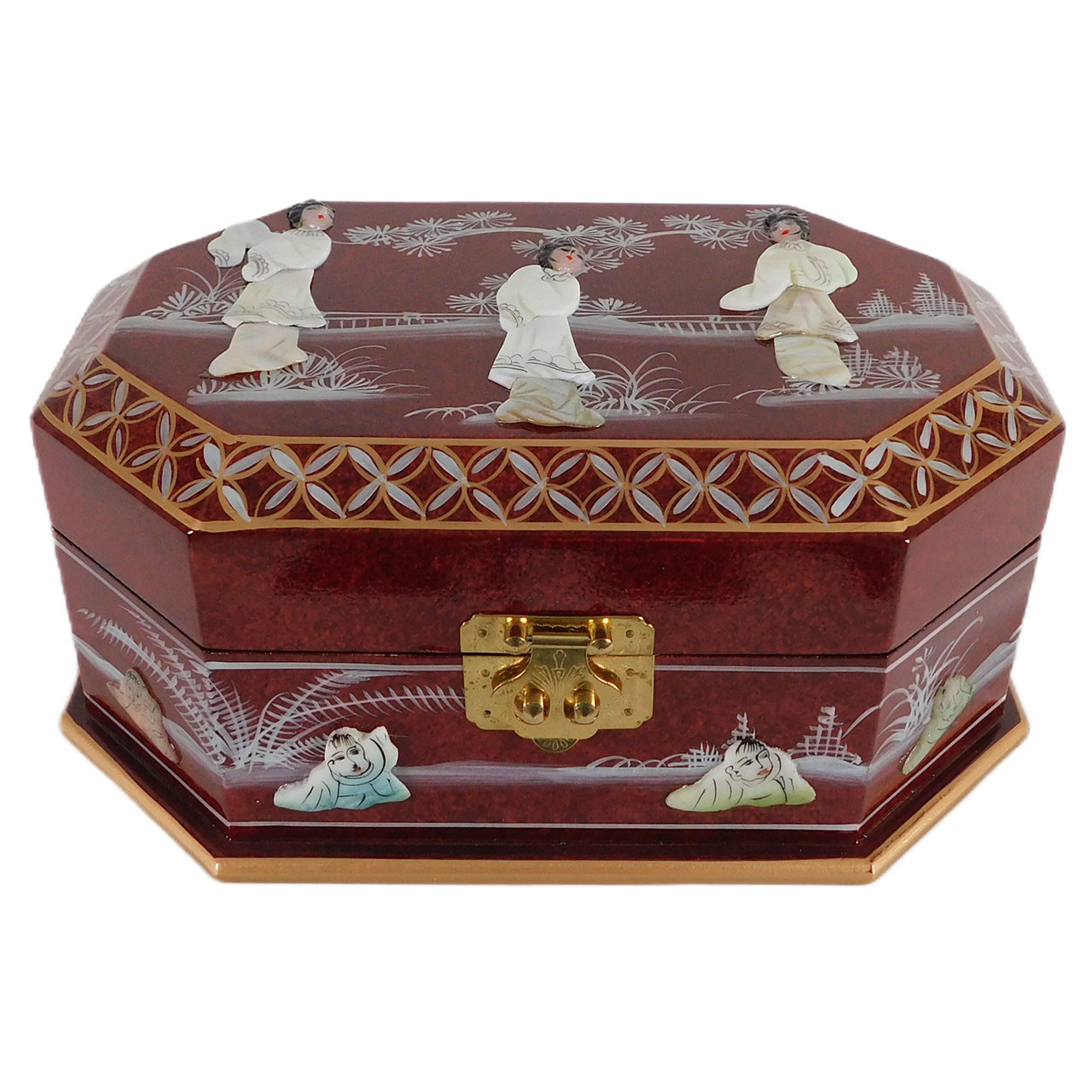 Chinese Red Lacquer Pearl Inlay 4-Tier Drawer store Vintage Jewelry Box 8 3/8” Peacock