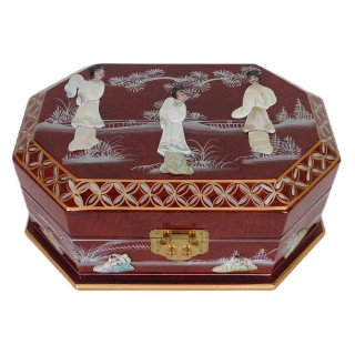 French Red Octagonal Oriental Jewelry Box With Pearl Inlays