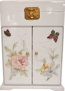 16" H. White and Inlaid Mother of Pearl oriental jewelry box, felt lined with vanity mirror!