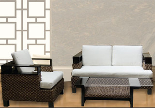 Living Room 1980 rattan chair, asian black lacquer and woven with cushions Living Room 1980 rattan chair, asian black lacquer and woven with cushions