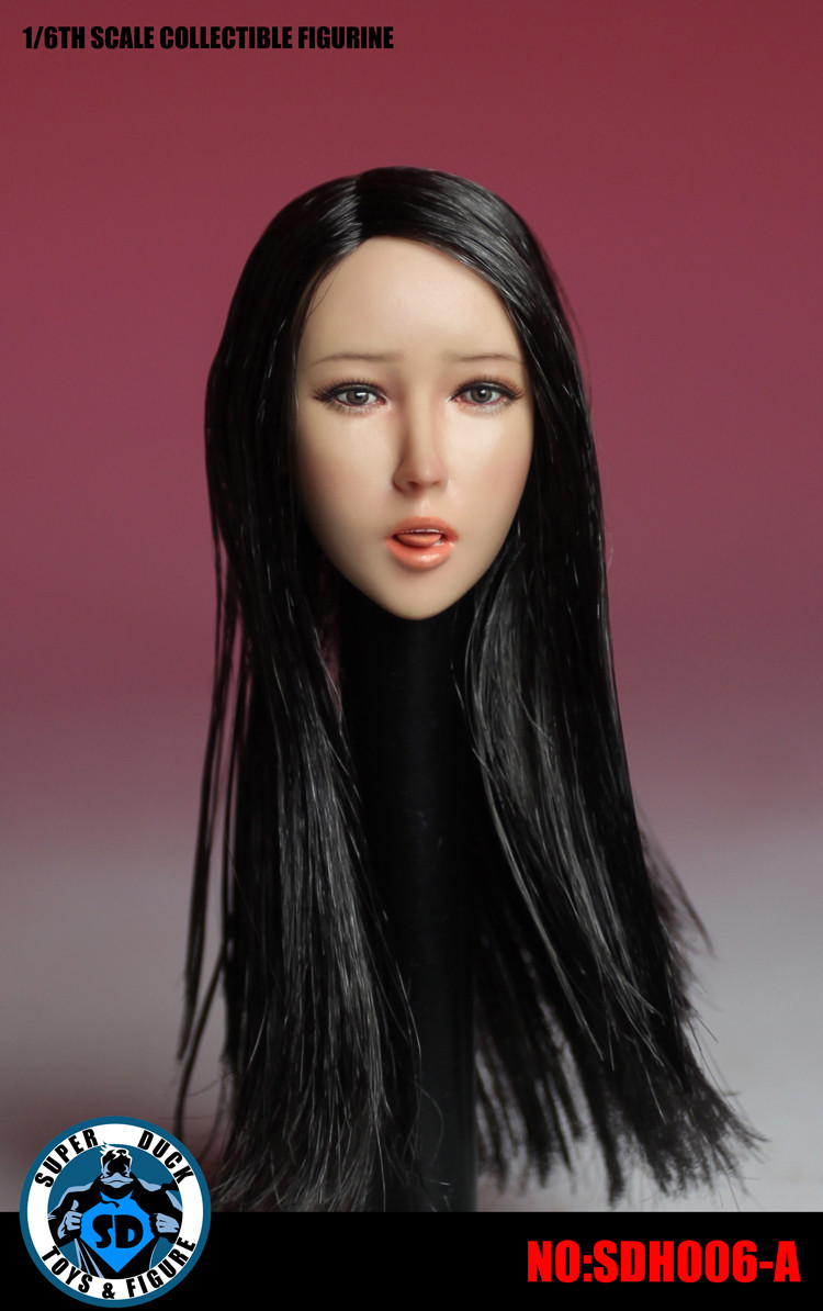 SUPER DUCK SDH006-A 1/6 Scale Girl Head Sculpt Long Black Hair with  attachable tongue