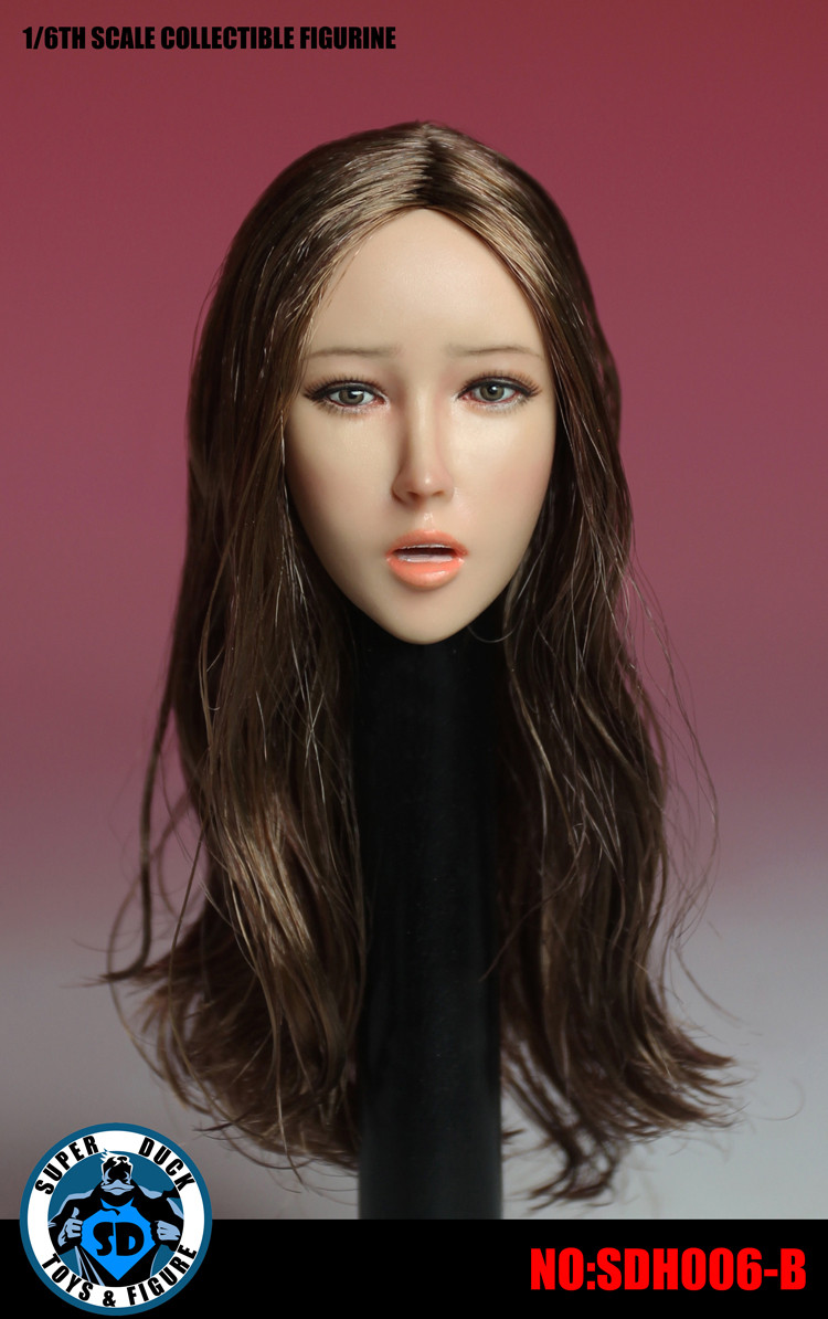 SUPER DUCK SDH006-B 1/6 Scale Girl Head Sculpt Long Brown Hair with  Attachable Tongue