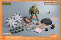 Full accessory list for BIGFTOYS Michelangelo including pizza, laptop, T-Phone, skateboard, and interchangeable hands.