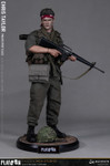 Front view of Damtoys DMS046 Chris Taylor 1/6 scale figure from Platoon. Fully equipped with Vietnam War era jungle fatigues, M16 rifle, and webbing gear. Authentic Charlie Sheen likeness.