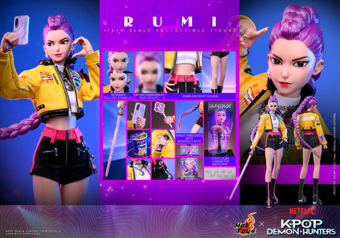 Rumi 1/6 scale figure by Hot Toys featuring yellow biker jacket and purple dragon braid.