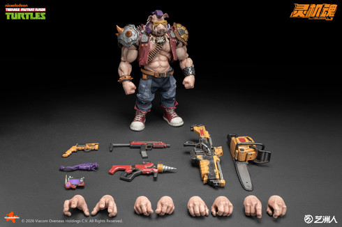 LINGJIHUN 1/12 Scale TMNT Bebop figure with mohawk, sunglasses, and tactical weaponry