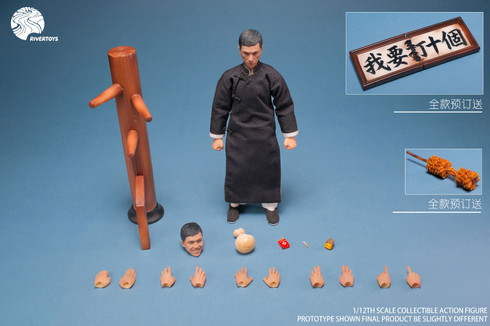 RIVERTOYS DA001 1/12 Scale The Grandmaster figure in traditional long gown posing with wooden dummy