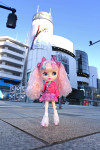 CWC Exclusive Neo Blythe Fruity Kaleidoscope doll wearing pink riders jacket and FRUiTS print dress