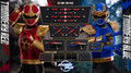 A studio photograph showcasing the full front view of the Soosootoys Thundery Red and Blue Ninja figures posed side by side with their swords drawn.