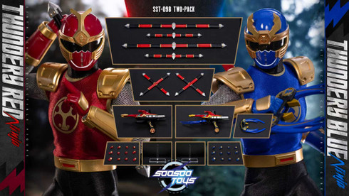 A studio photograph showcasing the full front view of the Soosootoys Thundery Red and Blue Ninja figures posed side by side with their swords drawn.