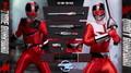 The front view of the Soosootoys Red Time Guardian and Qubit Guardian one sixth scale action figures standing side by side in full costume.