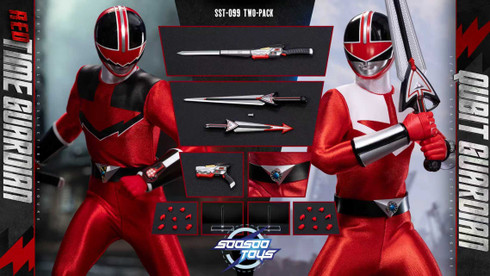 The front view of the Soosootoys Red Time Guardian and Qubit Guardian one sixth scale action figures standing side by side in full costume.