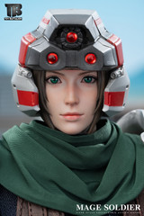 Detailed close up view of the one sixth scale helmet head sculpt featuring bright blue LED light up