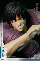 A close up view highlights the detailed head sculpt of Toji Fushiguro from Jujutsu Kaisen with his signature facial scar and smirk.