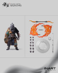 Complete breakdown layout of the interchangeable hands weapon accessories and display base included with the INART G0008 box set.