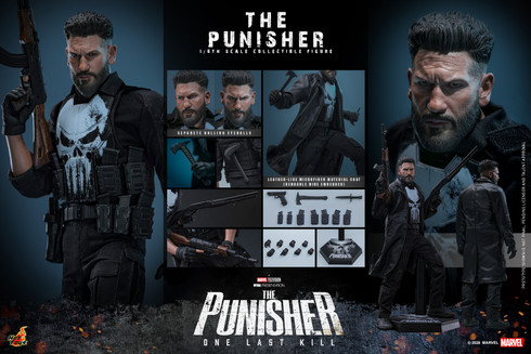 The Hot Toys Punisher One Last Kill sixth scale figure stands fully armed in a dark tactical vest showing off the iconic white skull logo.