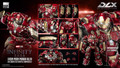 The product package breakdown displays all the included accessories such as interchangeable hands and the official DLX display stand alongside the massive Hulkbuster figure.