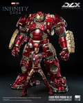 the full front view of the Threezero DLX Iron Man Mark 44 Hulkbuster Battle Damaged figure emphasizing the incredible weathering and metallic paint finish.
