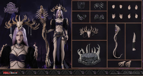 Complete product showcase revealing all included accessories weapons and the specialized display base for the Calamity sixth scale figure.