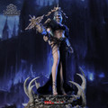 The front view showcasing the TBLeague one sixth scale Serpent Kin Oracle action figure standing tall on her resin altar base while holding her glowing light up crystal staff.