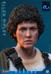 Close up shot of the Hot Toys Ellen Ripley action figure showing the screen accurate separate rolling eyeball mechanism and textured curly shag hairstyle.