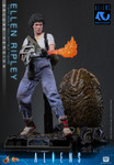 Hot Toys Ellen Ripley figure utilizing seamless silicone arms to hold the M240 Incinerator flamethrower with a translucent orange fire effect attached.