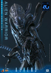 Close up profile of the Hot Toys Deluxe Alien Warrior highlighting the open mouth accessory with the magnetically extractable inner jaw tongue extended.