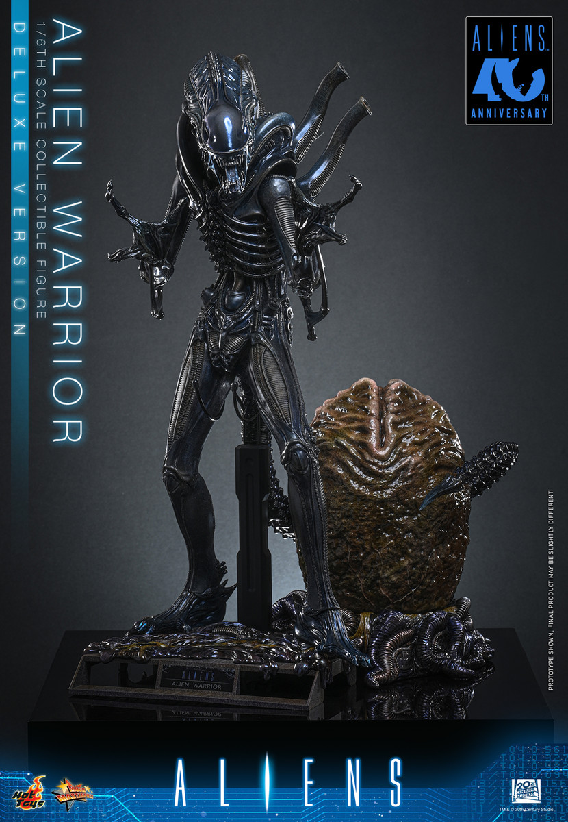 Hot Toys Aliens Alien Warrior Deluxe Version one sixth scale figure displaying the movie accurate ridged head sculpt and biomechanical body armour detailing.