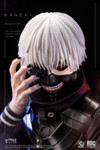 Close up view of the Rocket Toys ROC zero twenty five Kaneki head sculpt highlighting the detailed white hair and glowing single ghoul eye.