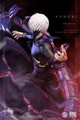 Rocket Toys Kaneki high angle shot highlighting the articulation capabilities of the body and the intricate texture of the leather look combat gear.