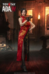 Front view photograph showcasing the TOYSTAY TS010 Ada sixth scale figure wearing her signature red fabric cheongsam dress.Detailed view of the tactical accessories and weapons included with the TOYSTAY TS010 Ada cheongsam version figure.
