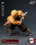 Full length view of the poseable FigZero Zenitsu Agatsuma action figure in a dynamic Thunder Breathing stance with articulated lightning effects enveloping the body