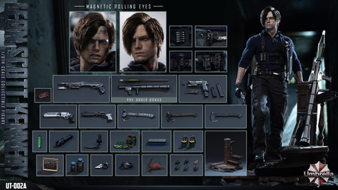 Display of the complete tactical weapon arsenal and accessories included with the Umbrella UT-002A one sixth scale Leon action figure.