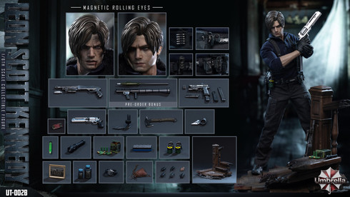 The complete weapon layout and tactical accessories included with the Umbrella UT 002B Agent Leon sixth scale figure displayed on a clean background.