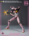 Full body action shot of the Threezero Robo Dou Evangelion figure holding its signature long range sniper rifle in a dynamic combat pose.