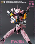Close up studio photograph showcasing the detailed head sculpt and intricate pink armor plating of the Evangelion Custom Type 08 alpha robot figure.