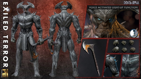 A front view photo of the Toys Era Exiled Terror sixth scale figure showcasing the detailed head sculpt and tactical chest armor.
