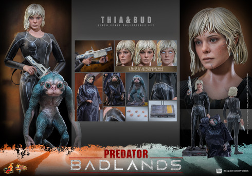Hot Toys Predator Badlands Thia and Bud one sixth scale collectible figure set showcased in a dynamic hunting pose with full weapon loadout.
