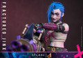A close up view highlights the screen accurate tattoos and custom tailored punk rock outfit of the Arcane Jinx collectible figure.