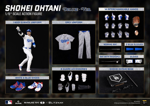Blitzway Shohei Ohtani 1/6 scale deluxe action figure in his home white Los Angeles Dodgers uniform displaying his focused batting stance.