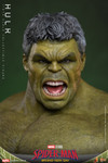 Close up view of the Hot Toys Hulk roaring head sculpt featuring separate rolling eyeballs and detailed facial skin texture.