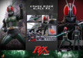Hot Toys 1/6 scale Kamen Rider Black RX action figure displays the translucent red RX Kick effect attached to the boot for jumping action poses.