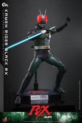 Close up view of the Hot Toys Kamen Rider Black RX Sunriser henshin belt showing the red LED light up feature and detailed armor texturing.