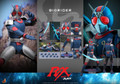 The Hot Toys TMS180 Kamen Rider BioRider 1/6 scale figure stands in a full body stance showing off the detailed blue and silver chest armor and red LED eyes.