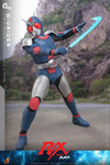 The 1/6 scale BioRider figure holds the illuminated blue LED Bio Blade while preparing to execute the Spark Cutter slash move.