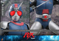 A close up view highlights the illuminated red LED functions on the Sunriser Henshin belt and helmet of the Hot Toys BioRider figure.